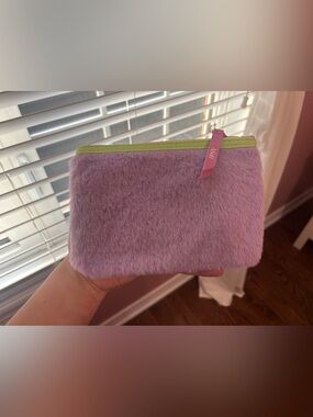 ipsy Lilac Faux Fur Cosmetic Pouch with Lime Trim and Pink Zip Tag
